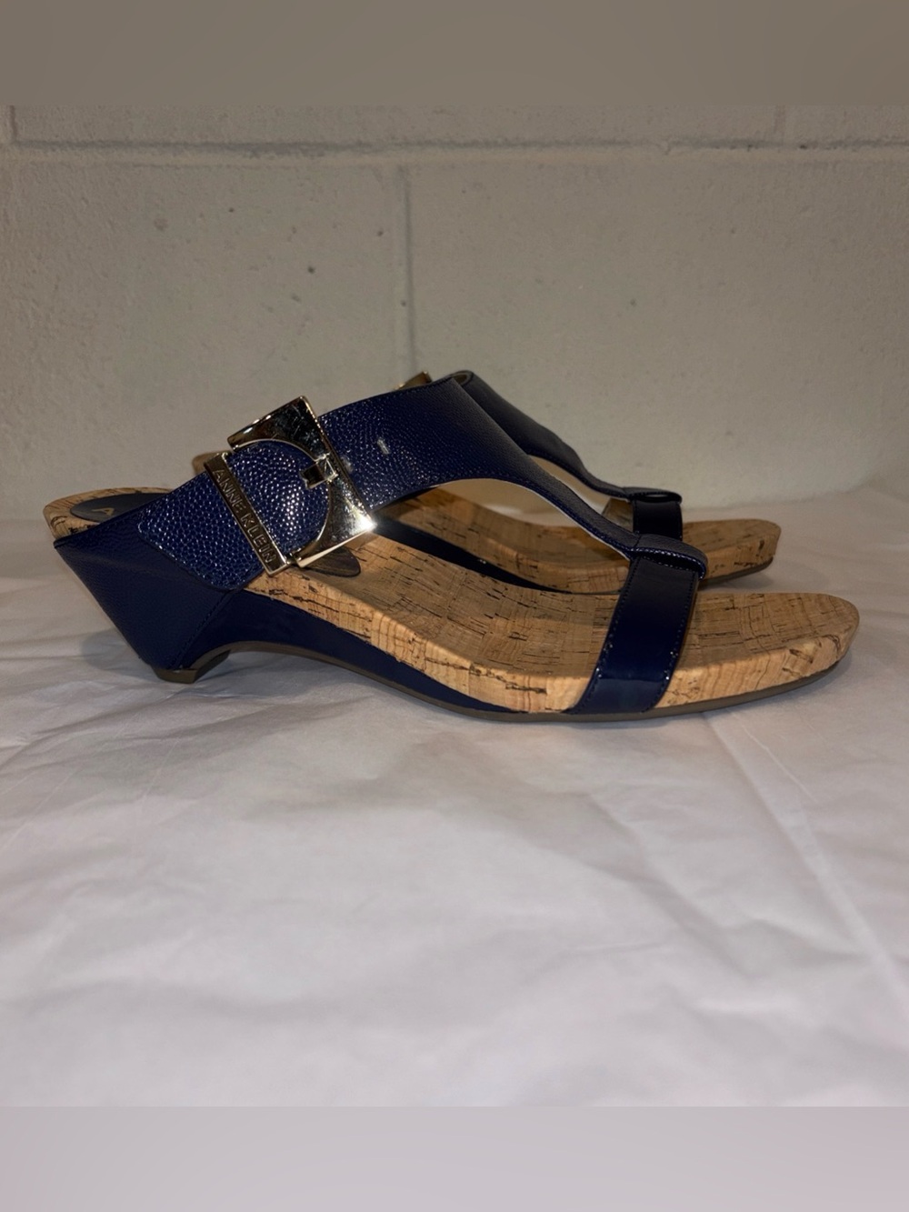 Anne Klein women’s Tammy Blue slip on sandal heels cork insoles